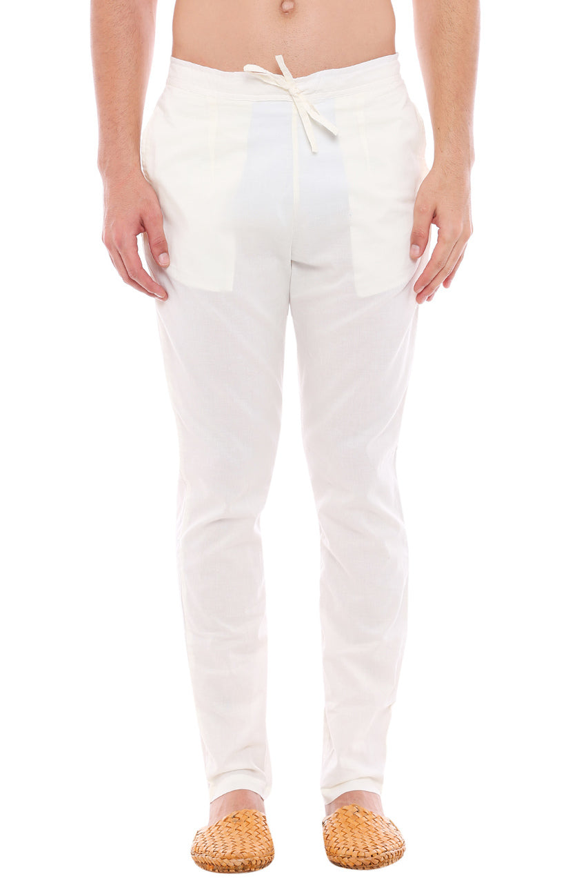 Front view of In-Sattva men's off-white cotton straight-cut pajama pants, showing the drawstring waistband and clean straight-cut shape.