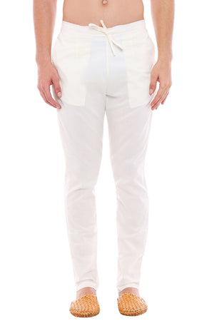 Front view of In-Sattva men's off-white cotton straight-cut pajama pants, showing the drawstring waistband and clean straight-cut shape.