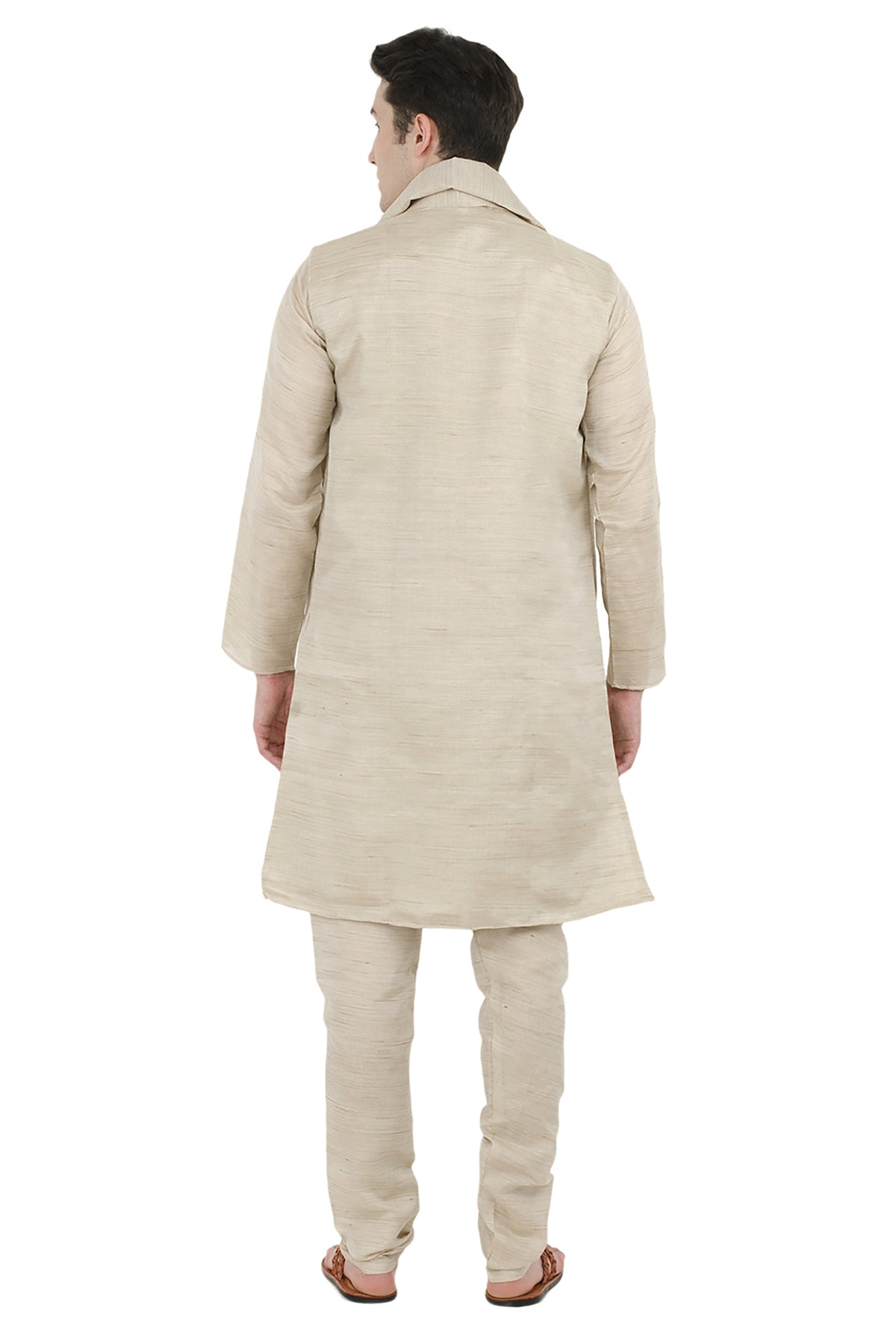 In-Sattva Men's Off-White Embroidered 4-Piece Kurta Pajama Set, back full-length view