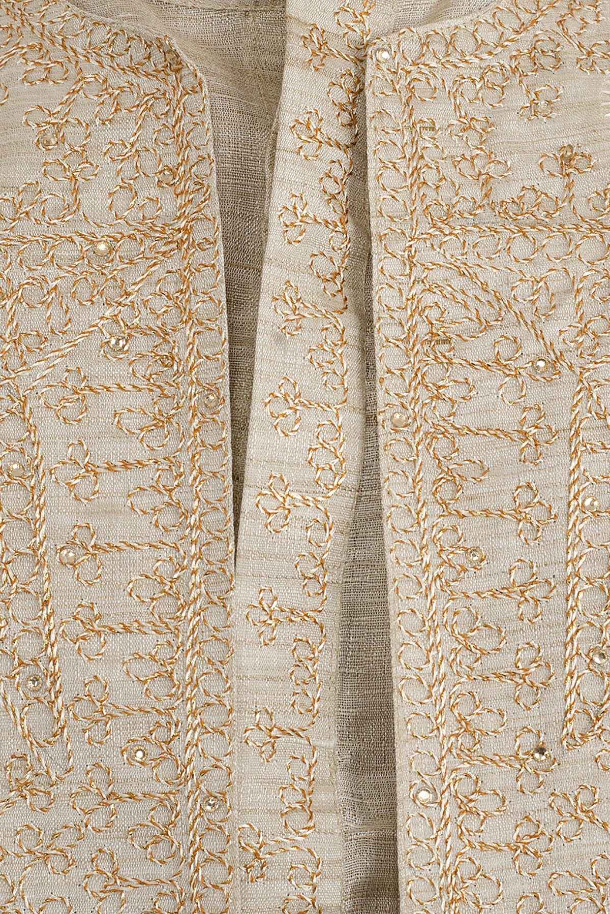 In-Sattva Men's Off-White Embroidered 4-Piece Kurta Pajama Set, close-up of the off-white embroidered overcoat