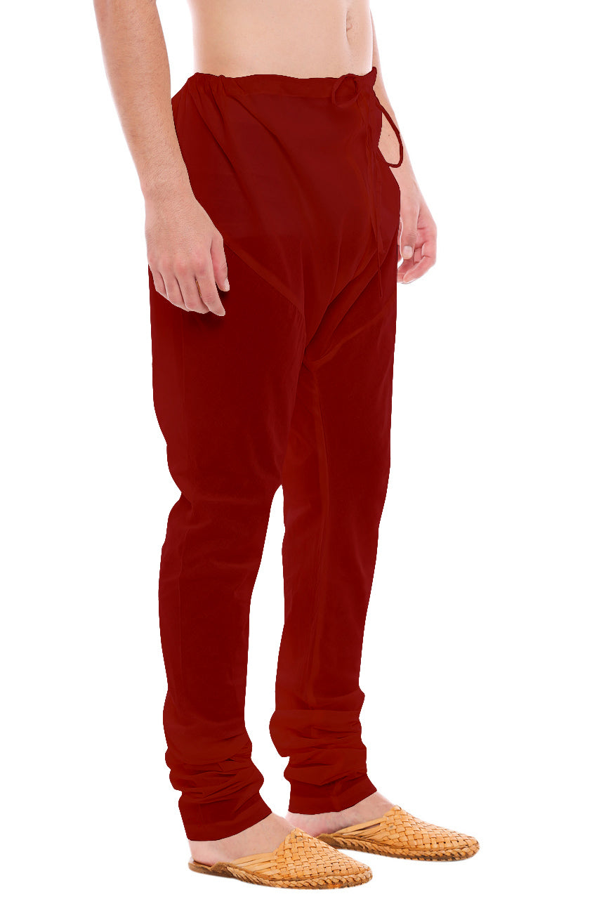 Right profile view of In-Sattva men's red art silk churidar pants, showing the smooth art silk sheen and gathered ankle fit.