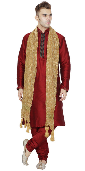 In-Sattva men's red art silk churidar pants styled with a kurta, showing the coordinated color and gathered ankle fit.