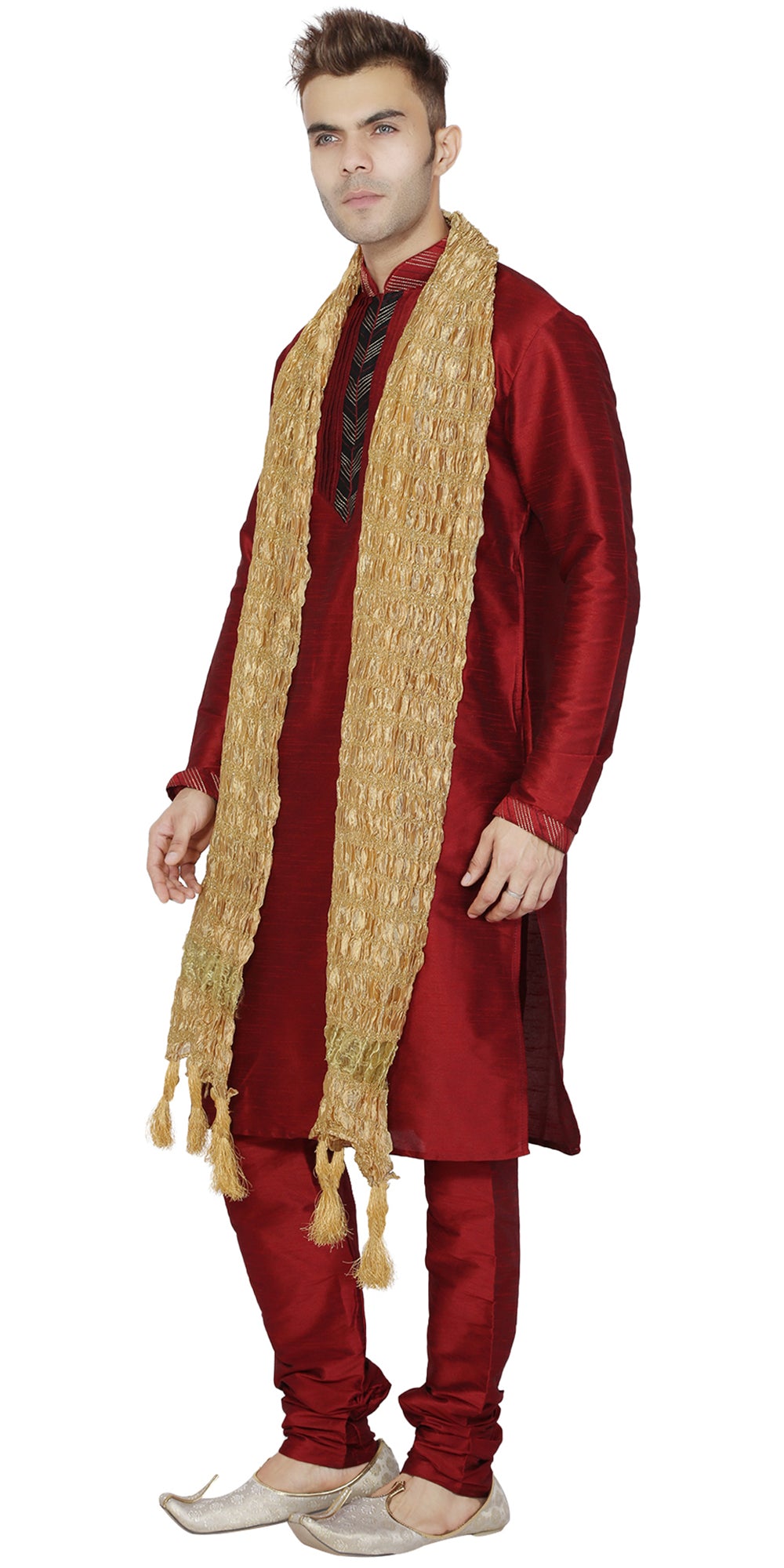 In-Sattva Men's Red Pintucked Cotton Blend 3-Piece Kurta Pajama Set, right angled full-length view