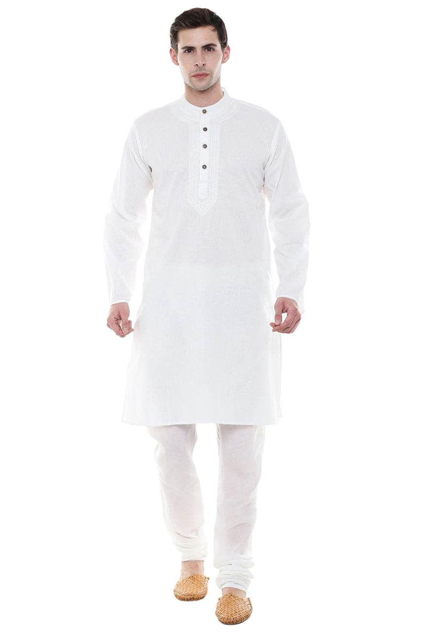 In-Sattva Men's White Classic Pure Cotton 2-Piece Kurta Pajama Set, front full-length view
