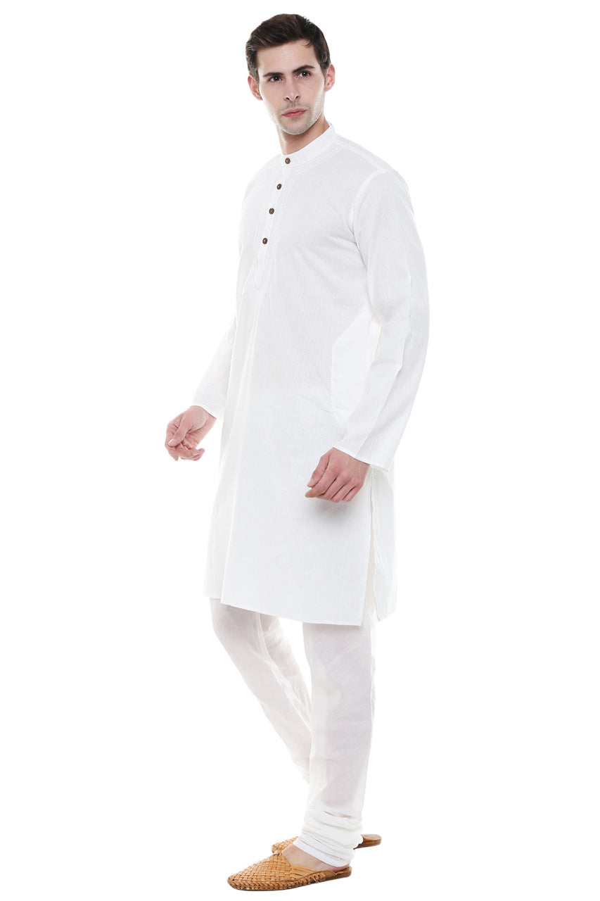In-Sattva Men's White Classic Pure Cotton 2-Piece Kurta Pajama Set, left angled full-length view