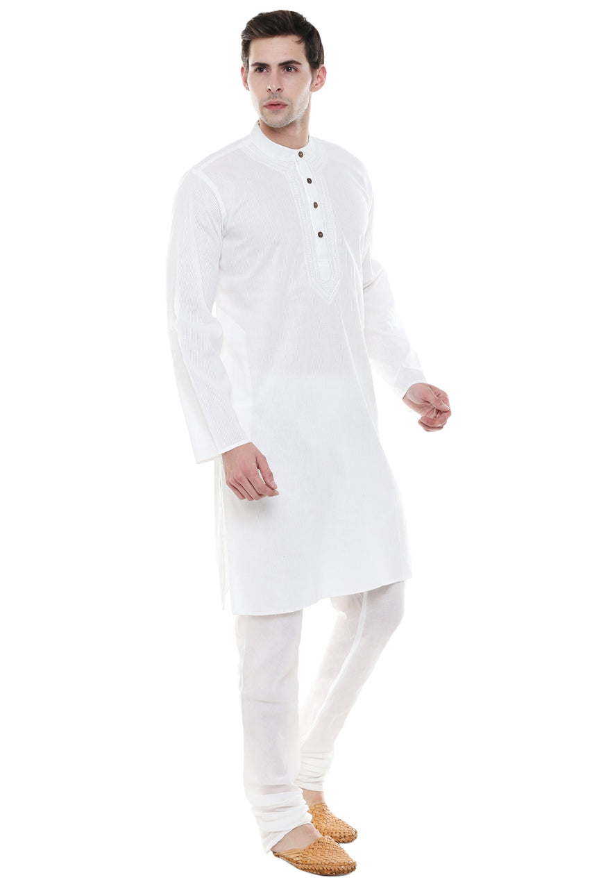 In-Sattva Men's White Classic Pure Cotton 2-Piece Kurta Pajama Set, right angled full-length view