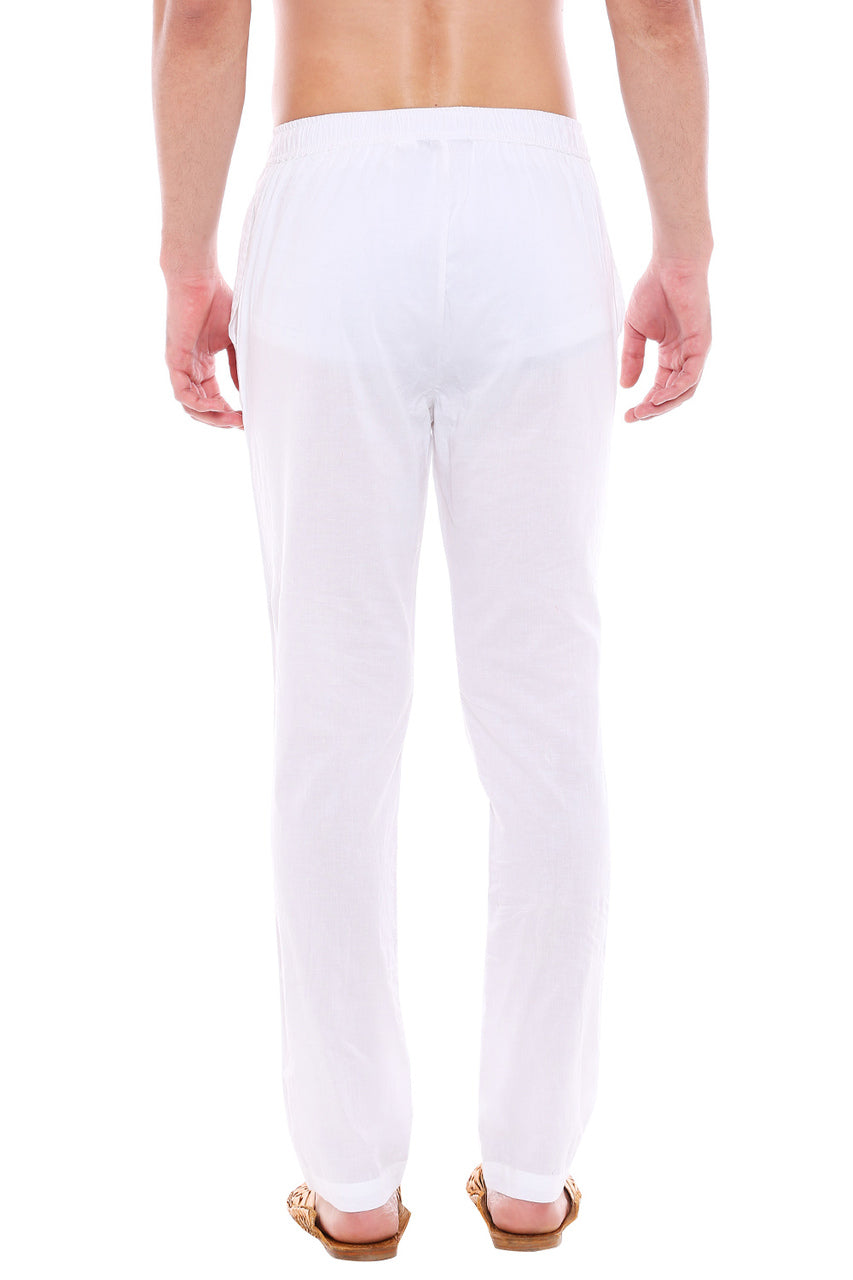 Back view of In-Sattva men's white cotton straight-cut pajama pants, showing the straight-cut shape and full-length drape from the back.