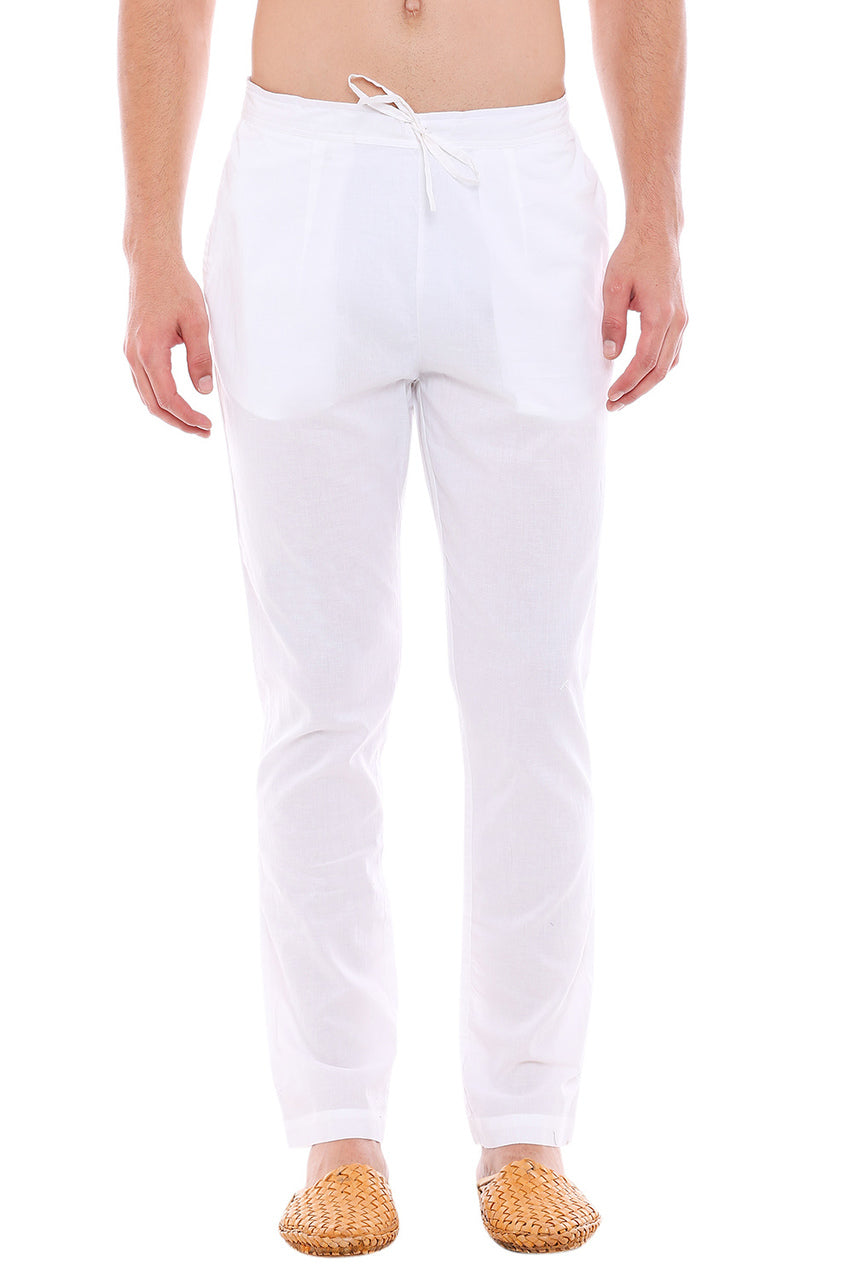 Front view of In-Sattva men's white cotton straight-cut pajama pants, showing the drawstring waistband and clean straight-cut shape.
