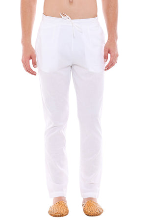 Front view of In-Sattva men's white cotton straight-cut pajama pants, showing the drawstring waistband and clean straight-cut shape.