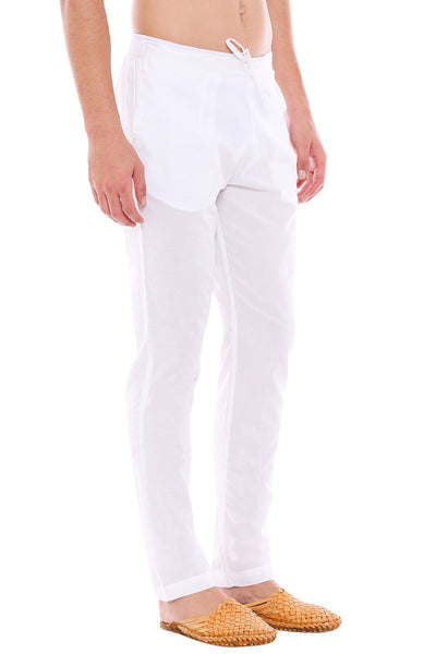 Left profile view of In-Sattva men's white cotton straight-cut pajama pants, showing the tailored full-length profile and straight hem.