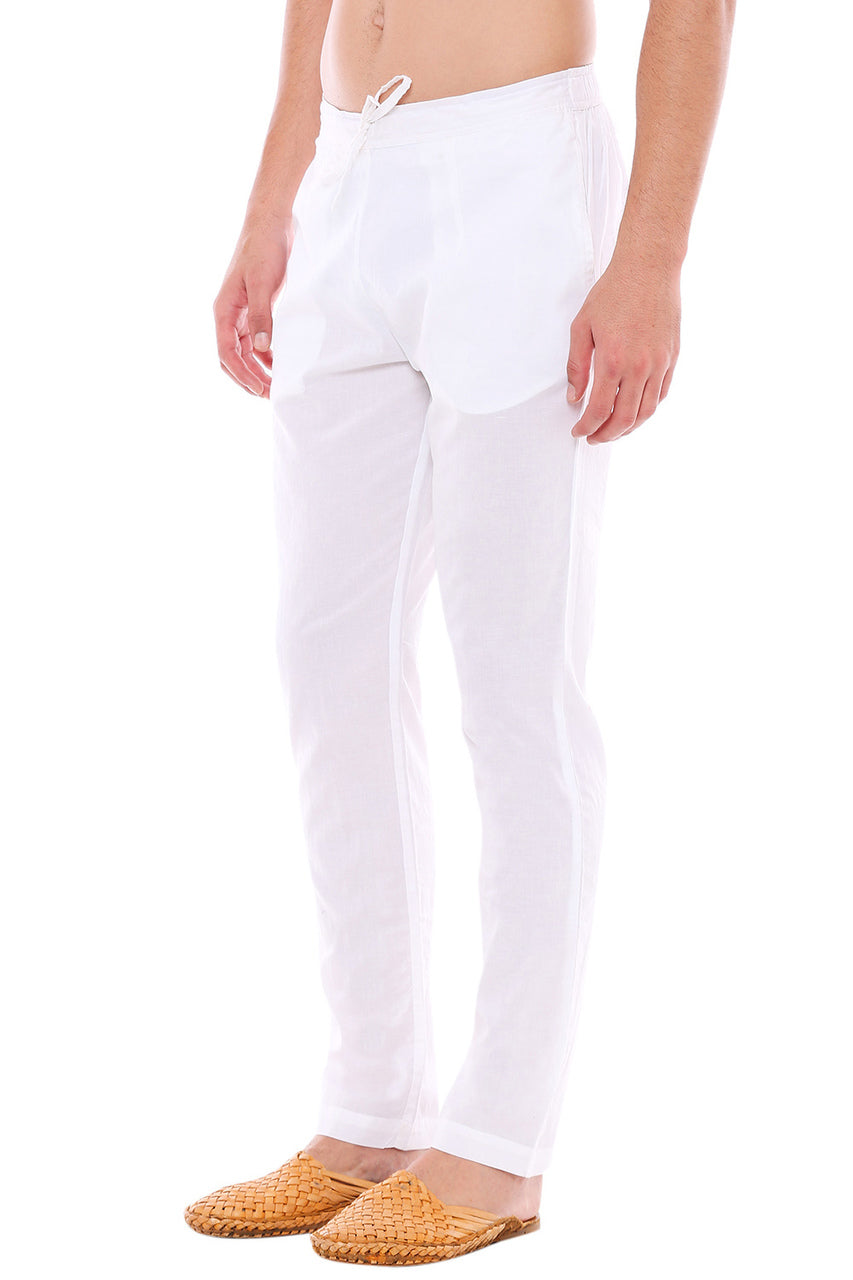 Right profile view of In-Sattva men's white cotton straight-cut pajama pants, showing the tailored full-length profile and straight hem.