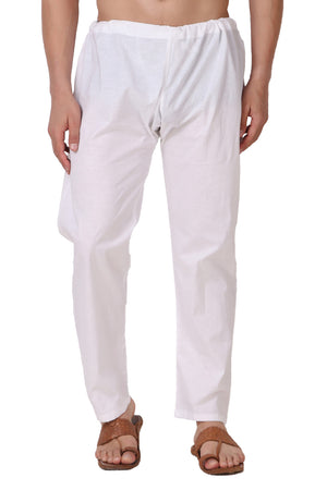 Front view of In-Sattva men's white cotton summer drawstring pants, showing the drawstring waistband and lightweight straight-leg fit.