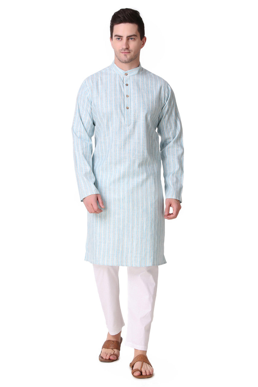 Lifestyle view of In-Sattva men's white cotton summer drawstring pants in a relaxed summer outfit, showing the lightweight full-length fit.