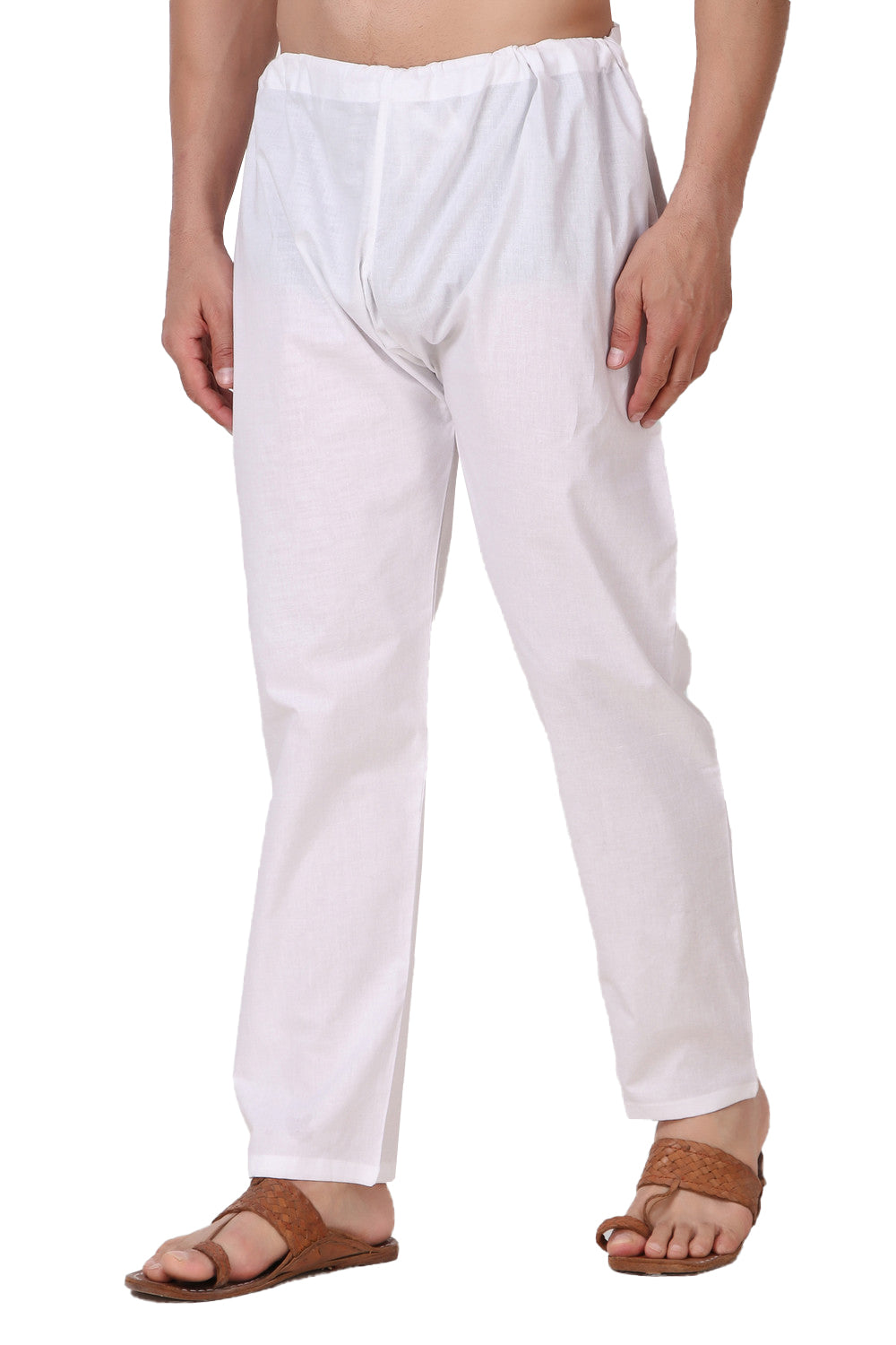 Right profile view of In-Sattva men's white cotton summer drawstring pants, showing the airy full-length silhouette for warm-weather wear.