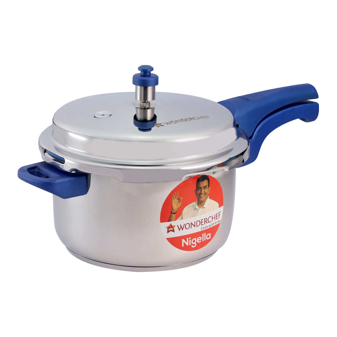 Nigella stainless steel outer lid pressure cooker in silver and blue, side view