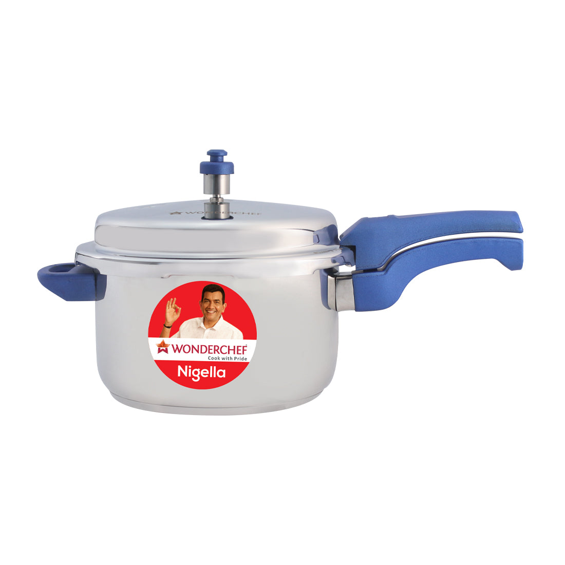 Nigella stainless steel outer lid pressure cooker in silver and blue, side view