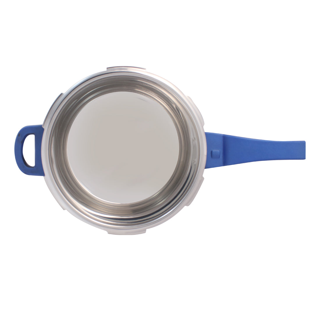 Nigella stainless steel outer lid pressure cooker in silver and blue, top view