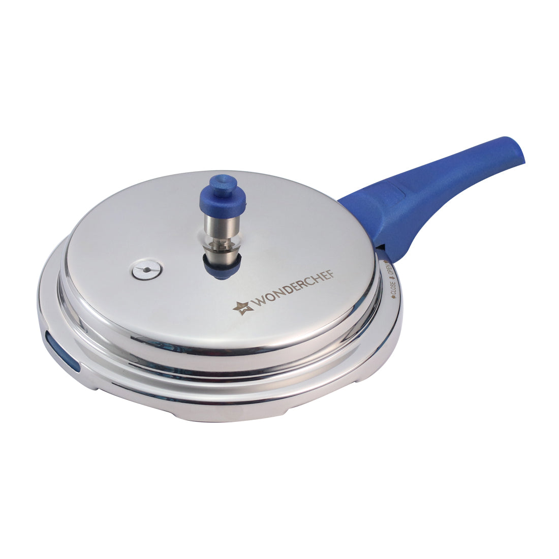 Nigella stainless steel outer lid pressure cooker in silver and blue, top view