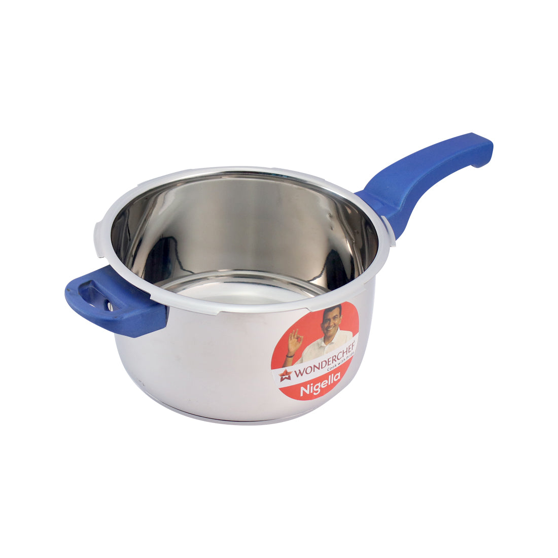 Nigella stainless steel outer lid pressure cooker in silver and blue, top view