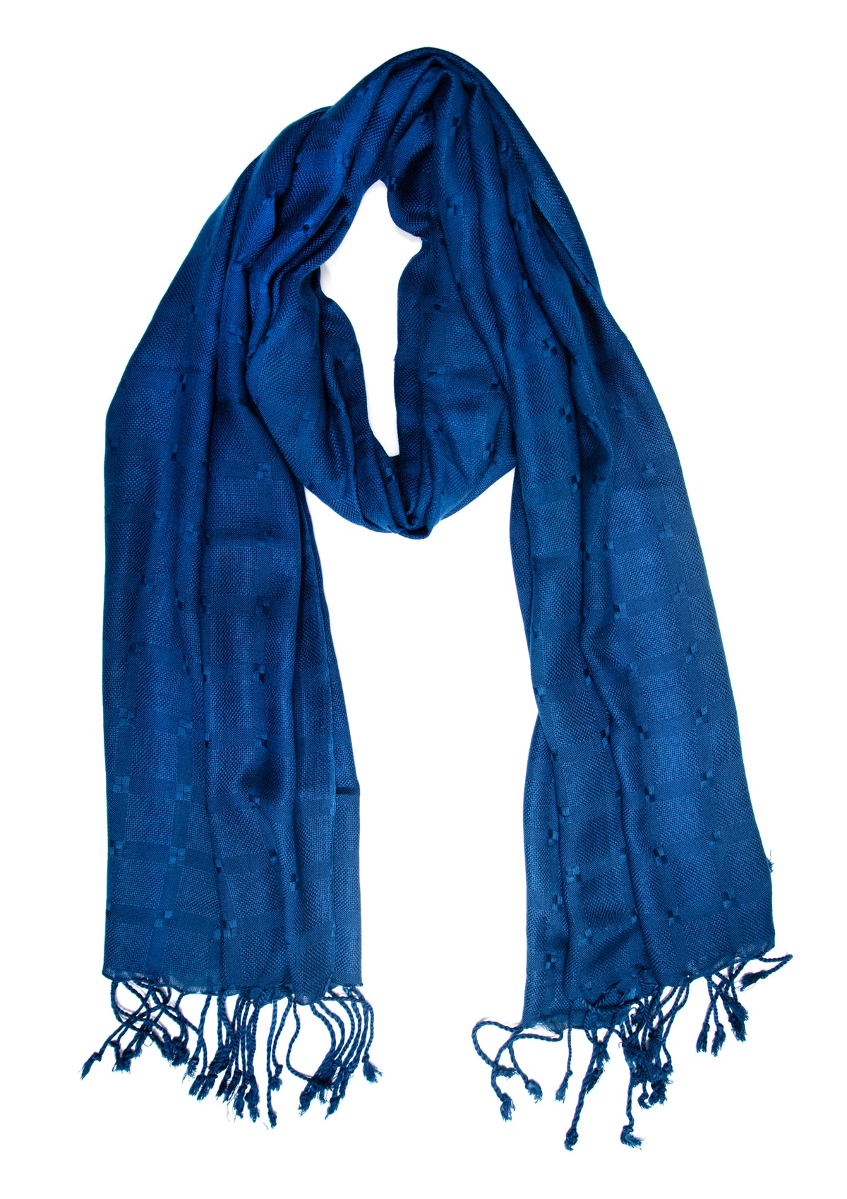 In-Sattva Blue tassel border rayon scarf stole, alternate product image showing its artisan pattern and lightweight drape.