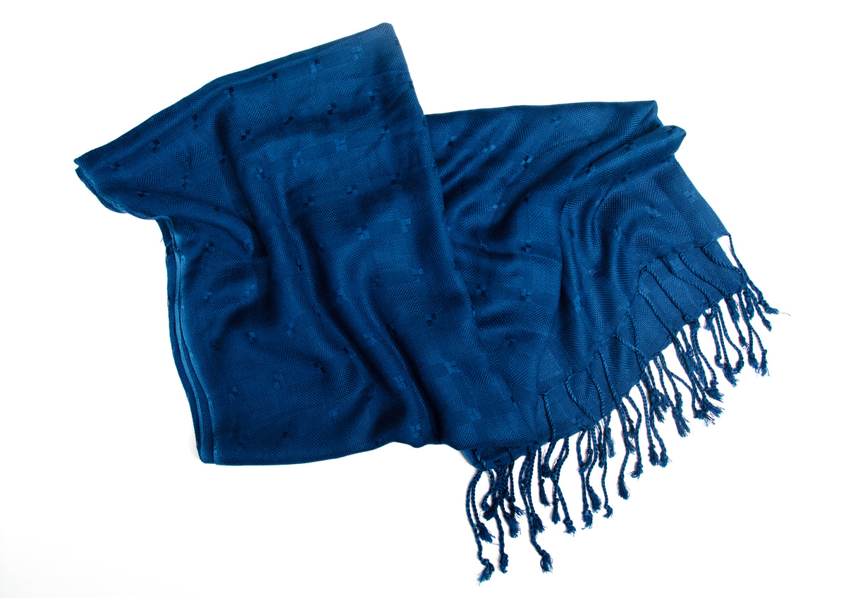 In-Sattva Blue tassel border rayon scarf stole, detail-oriented product image showing the scarf's artisan finish.