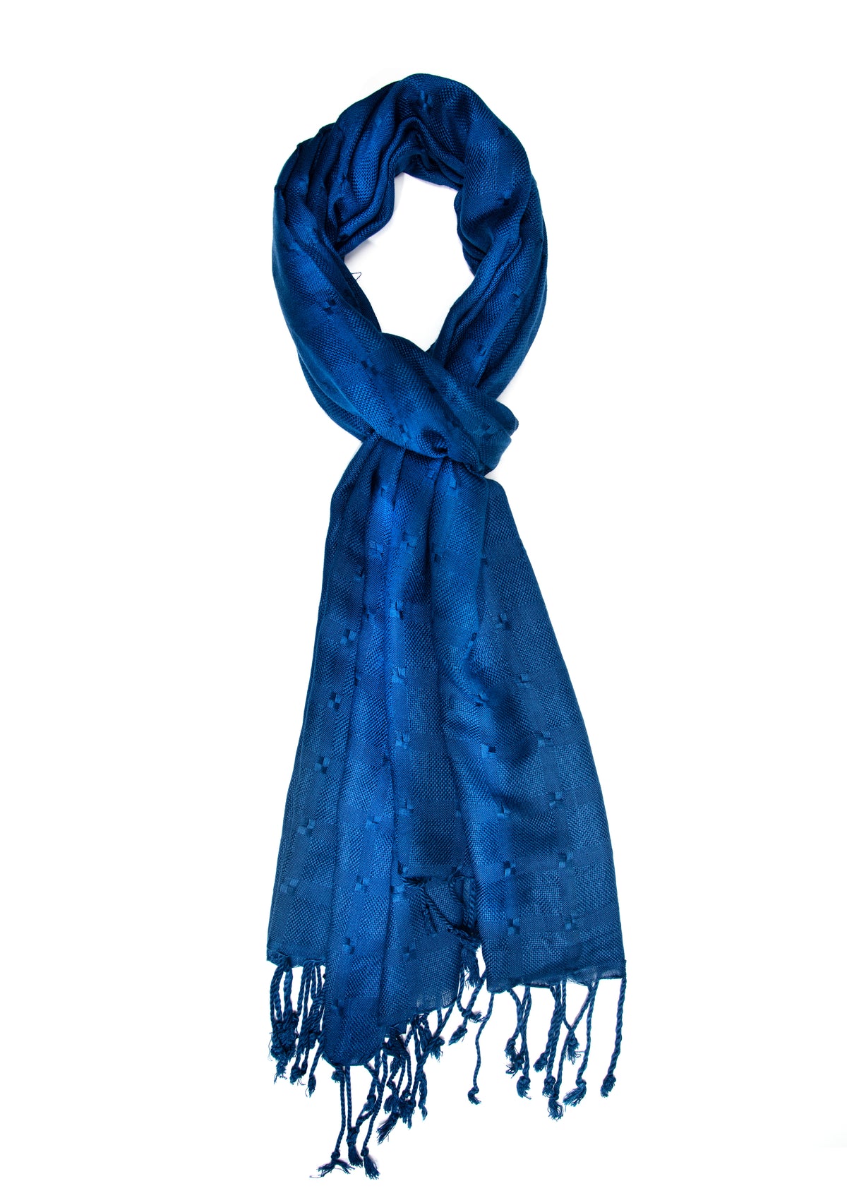 In-Sattva Blue tassel border rayon scarf stole, primary product image highlighting its color, pattern and woven texture.