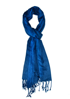 In-Sattva Blue tassel border rayon scarf stole, primary product image highlighting its color, pattern and woven texture.