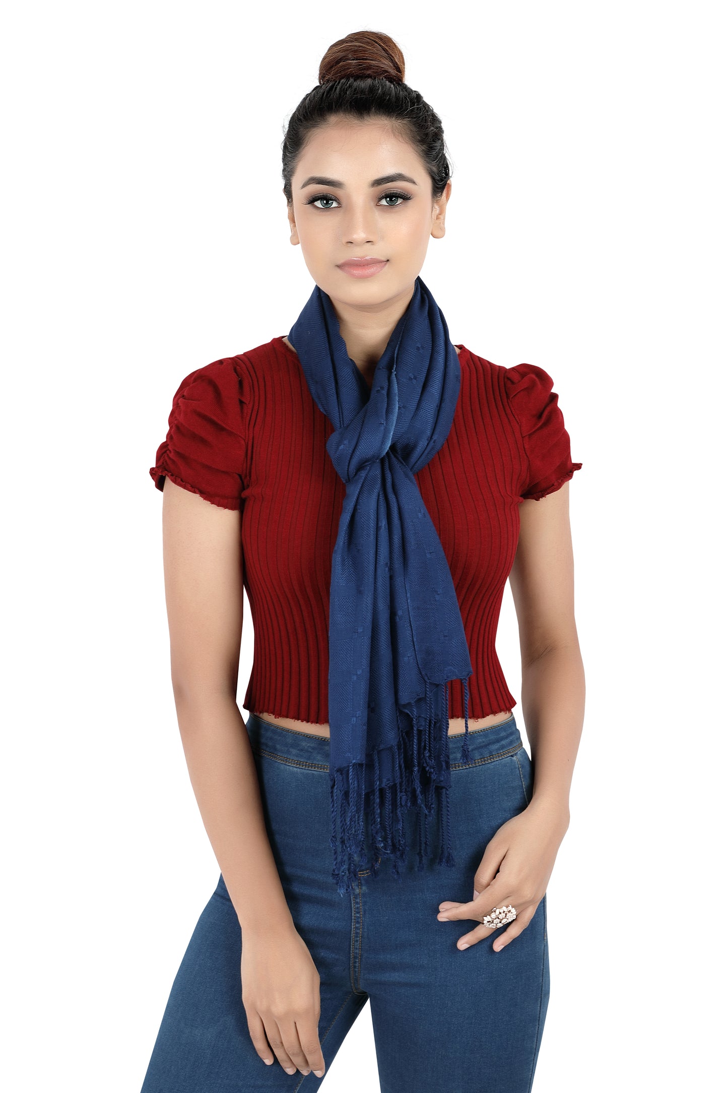 In-Sattva Blue tassel border rayon scarf stole, product image highlighting its soft texture and easy drape.