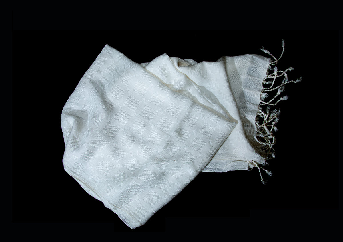 In-Sattva White tassel border rayon scarf stole, additional product image highlighting its color and woven detailing.
