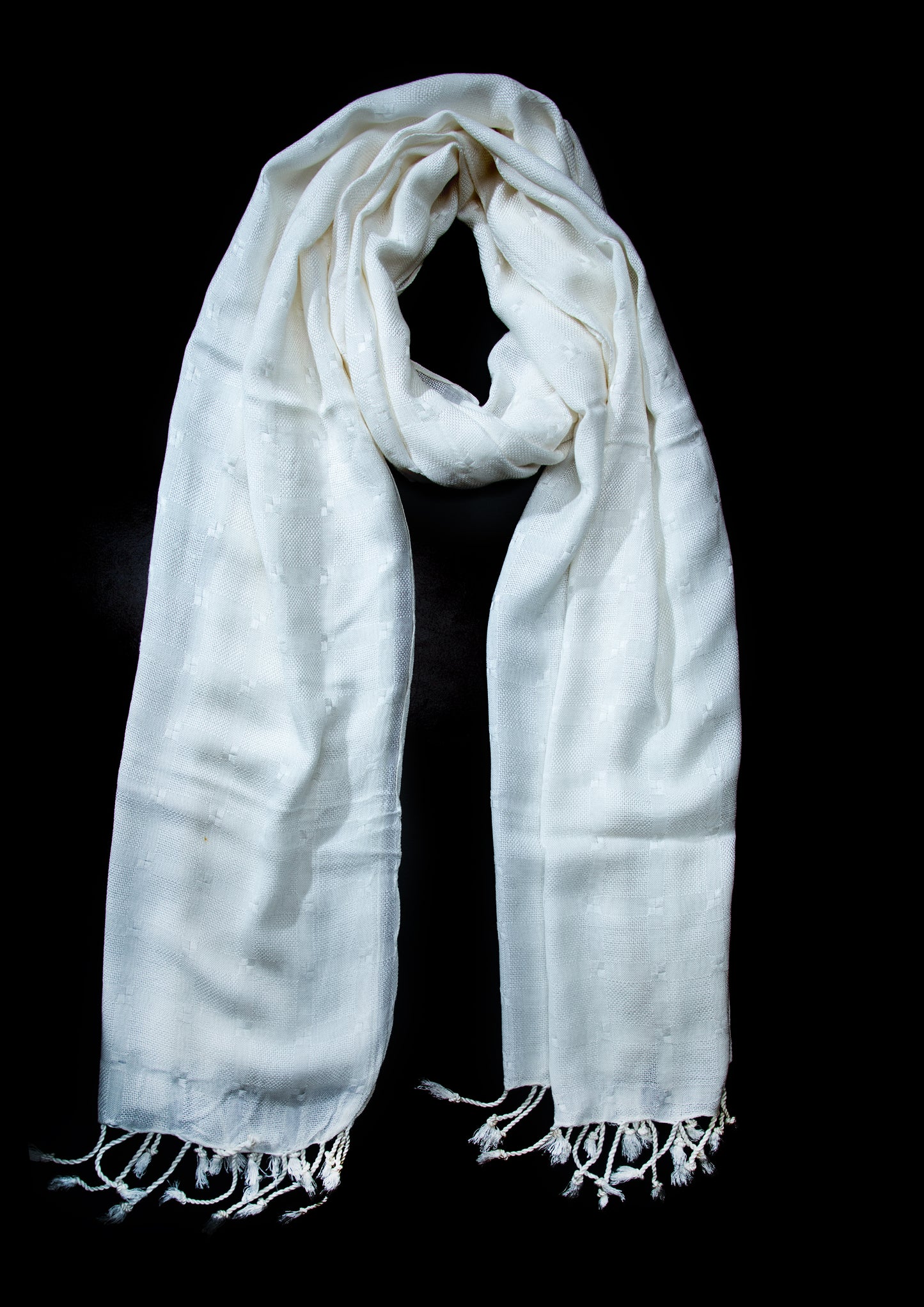 In-Sattva White tassel border rayon scarf stole, alternate product image showing its artisan pattern and lightweight drape.