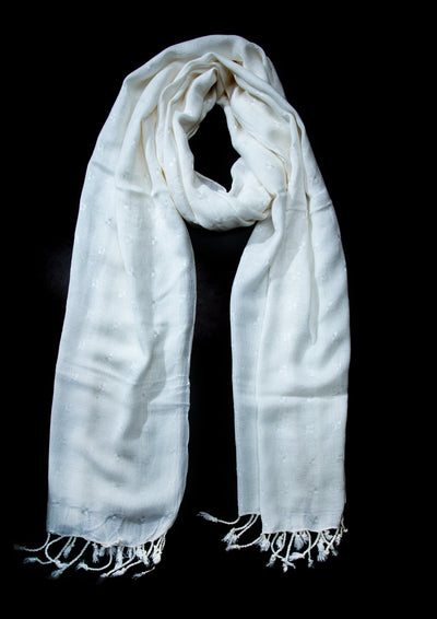 In-Sattva White tassel border rayon scarf stole, alternate product image showing its artisan pattern and lightweight drape.