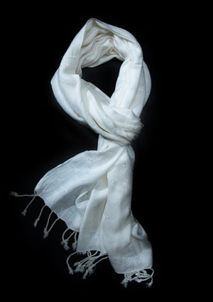 In-Sattva White tassel border rayon scarf stole, primary product image highlighting its color, pattern and woven texture.