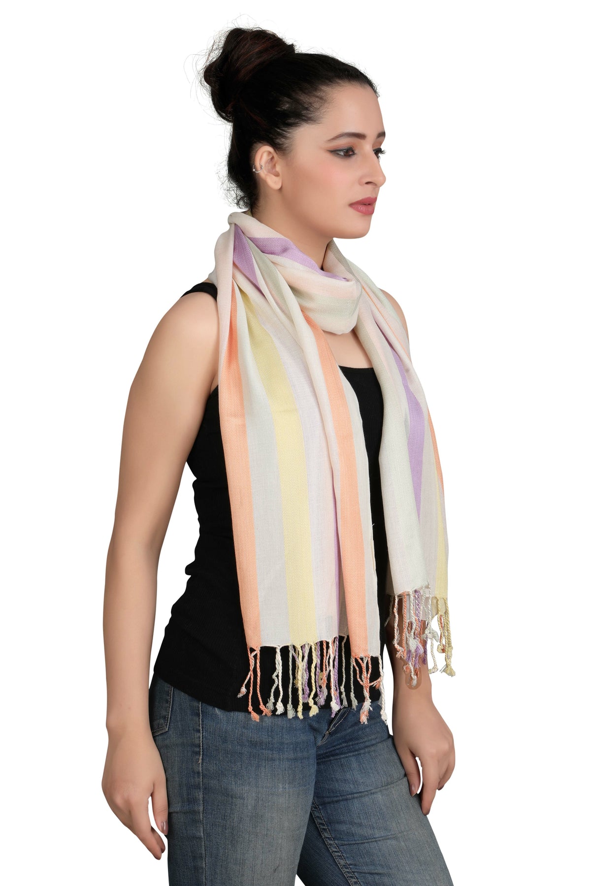 In-Sattva Pastel Purple Yellow Beige tassel border rayon scarf stole, additional product image highlighting its color and woven detailing.