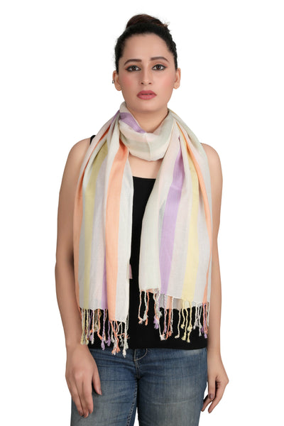 In-Sattva Pastel Purple Yellow Beige tassel border rayon scarf stole, alternate product image showing its artisan pattern and lightweight drape.