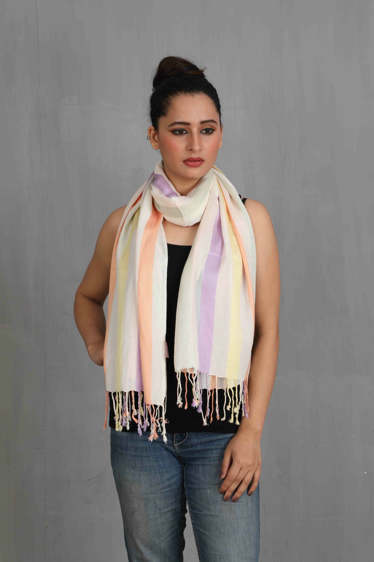 In-Sattva Pastel Purple Yellow Beige tassel border rayon scarf stole, detail-oriented product image showing the scarf's artisan finish.