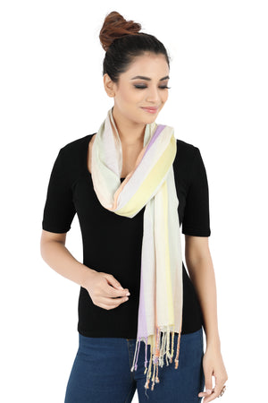 In-Sattva Pastel Purple Yellow Beige tassel border rayon scarf stole, primary product image highlighting its color, pattern and woven texture.