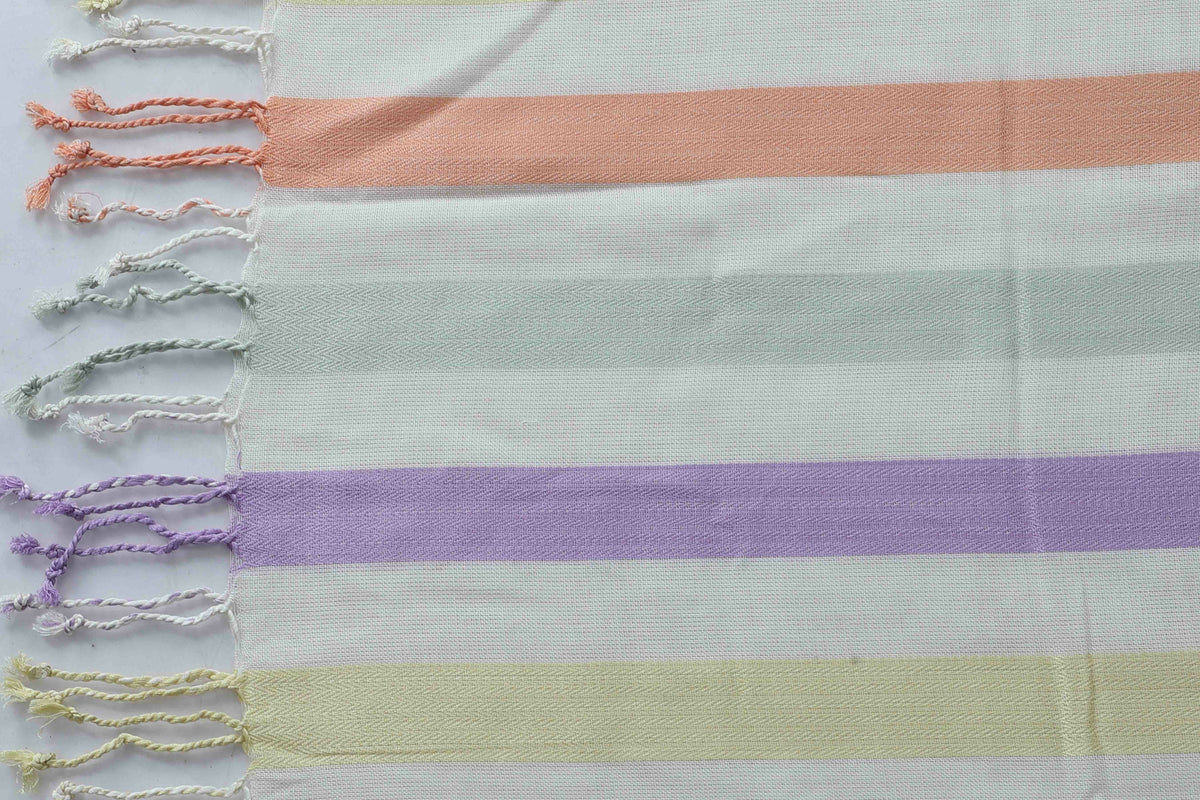 In-Sattva Pastel Purple Yellow Beige tassel border rayon scarf stole, product image highlighting its soft texture and easy drape.