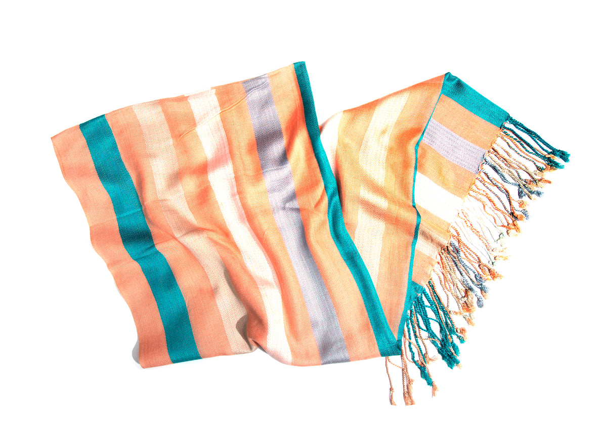 In-Sattva White/Cream/Beige/Blue/Green/Peach tassel border rayon scarf stole, additional product image highlighting its color and woven detailing.