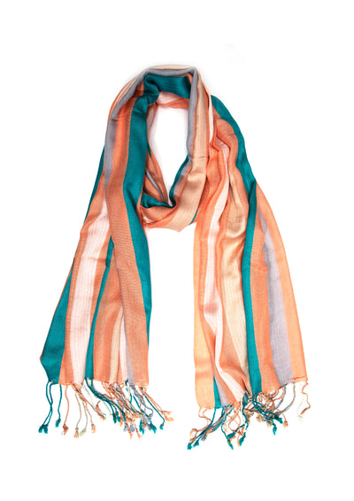 In-Sattva White/Cream/Beige/Blue/Green/Peach tassel border rayon scarf stole, alternate product image showing its artisan pattern and lightweight drape.