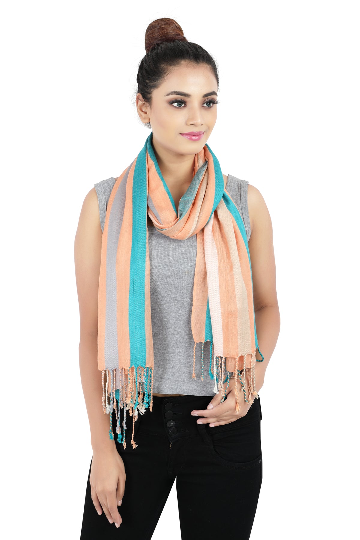 In-Sattva White/Cream/Beige/Blue/Green/Peach tassel border rayon scarf stole, detail-oriented product image showing the scarf's artisan finish.