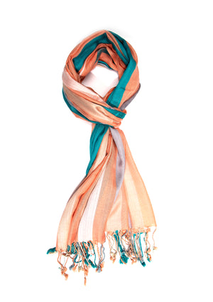 In-Sattva White/Cream/Beige/Blue/Green/Peach tassel border rayon scarf stole, primary product image highlighting its color, pattern and woven texture.