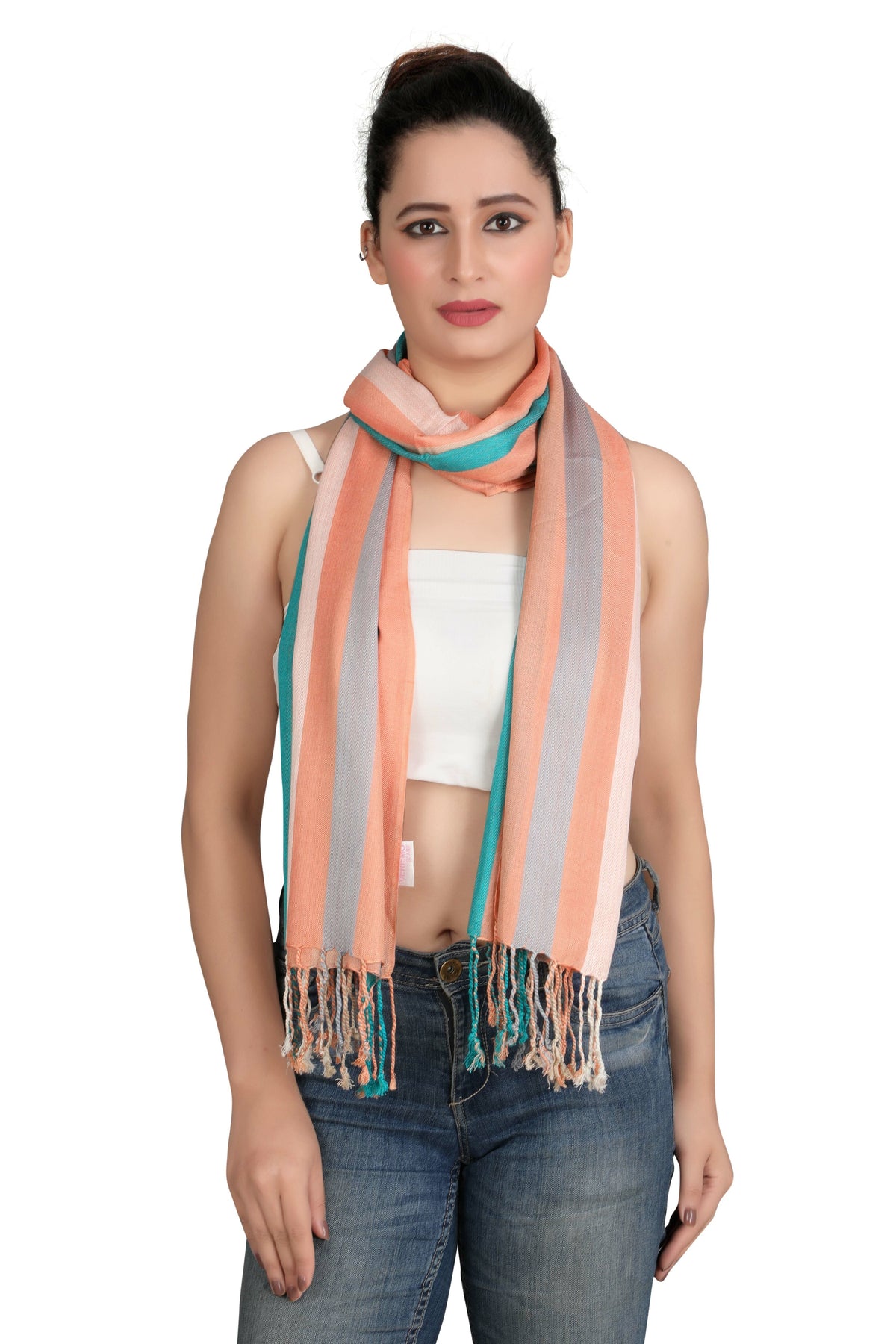 In-Sattva White/Cream/Beige/Blue/Green/Peach tassel border rayon scarf stole, product image highlighting its soft texture and easy drape.