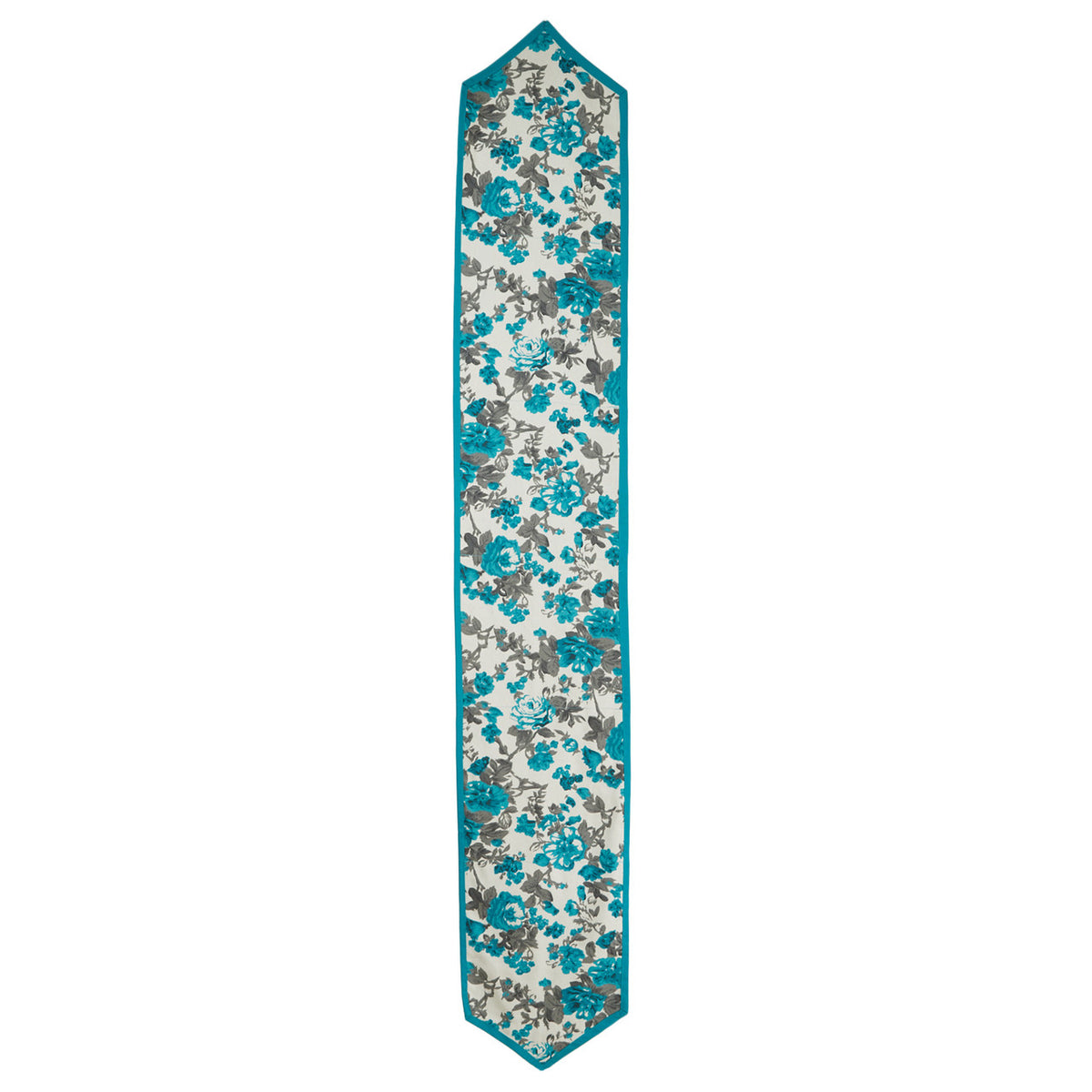 Full view of the In-Sattva teal floral bohemian print cotton table runner with pointed ends