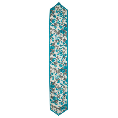 Full view of the In-Sattva teal floral bohemian print cotton table runner with pointed ends