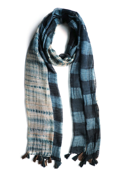 In-Sattva Blue bohemian shaded nylon scarf stole, alternate product image showing its artisan pattern and lightweight drape.