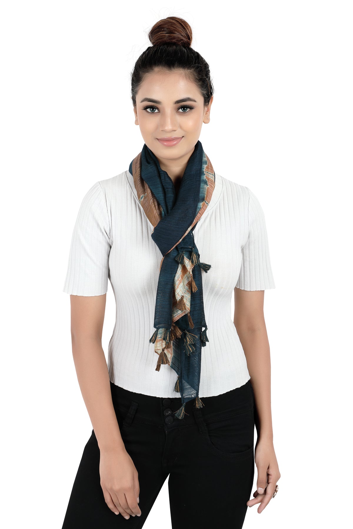 In-Sattva Blue bohemian shaded nylon scarf stole, detail-oriented product image showing the scarf's artisan finish.