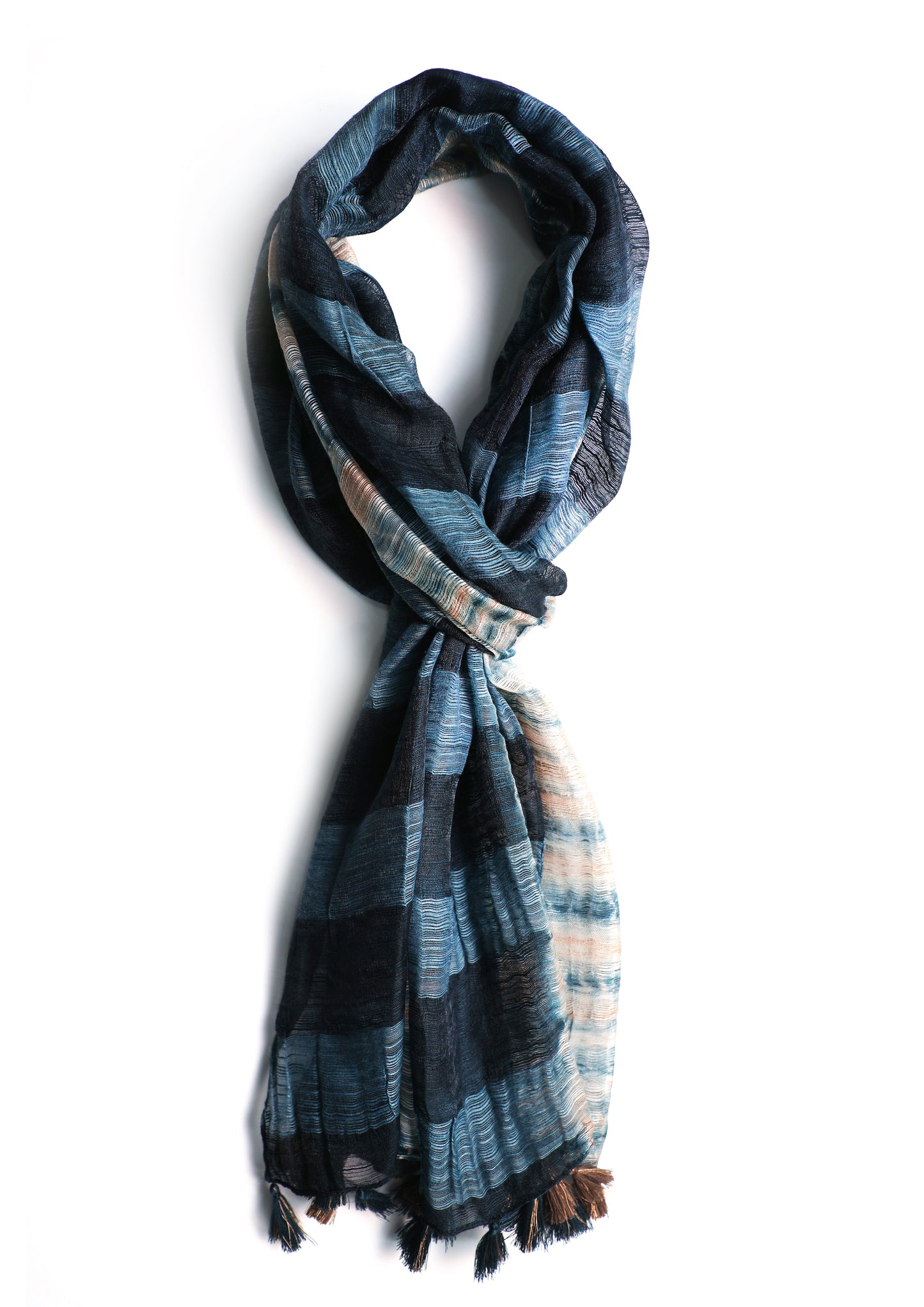 In-Sattva Blue bohemian shaded nylon scarf stole, primary product image highlighting its color, pattern and woven texture.