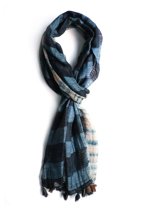 In-Sattva Blue bohemian shaded nylon scarf stole, primary product image highlighting its color, pattern and woven texture.