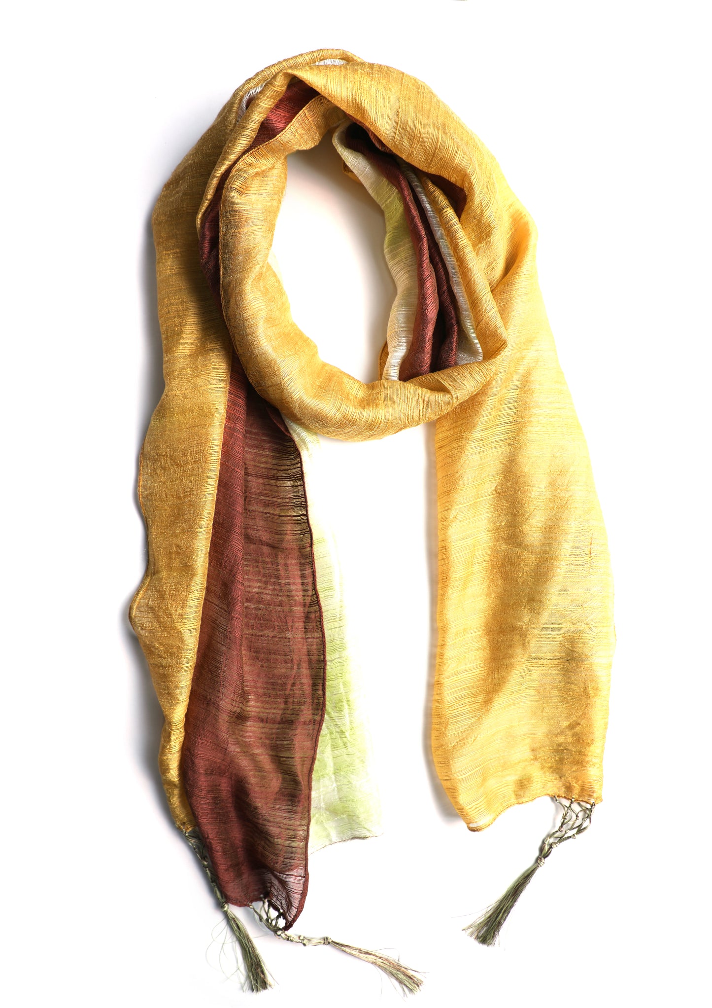 In-Sattva Brown Yellow bohemian shaded nylon scarf stole, alternate product image showing its artisan pattern and lightweight drape.