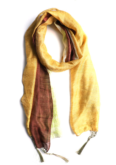 In-Sattva Brown Yellow bohemian shaded nylon scarf stole, alternate product image showing its artisan pattern and lightweight drape.
